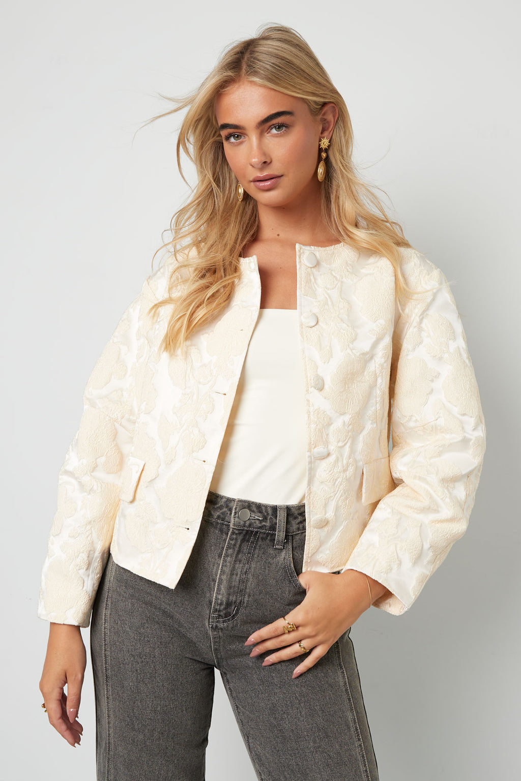 Geweven Polyestervezel Vrouwen Jas Elegante Bloemenprint Herfst/Winter
